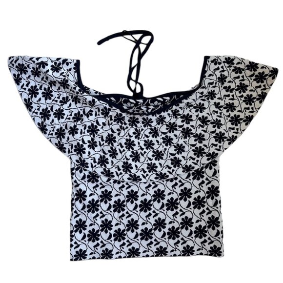 Club Monaco White & Navy Rowlen Blue Floral‎ Off Shoulder Knit Women's Top Small - Picture 5 of 14